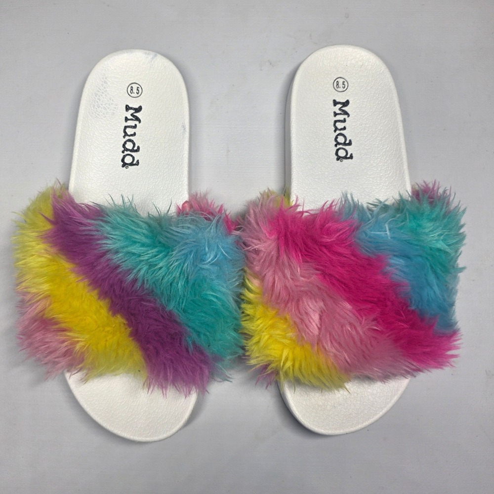 Mudd Womens Rainbow‎ Faux Fur Slides Size 8.5 Multi Color Kidcore Sandals